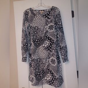 LOFT Black & White Long Sleeve Paisley Floral Dress